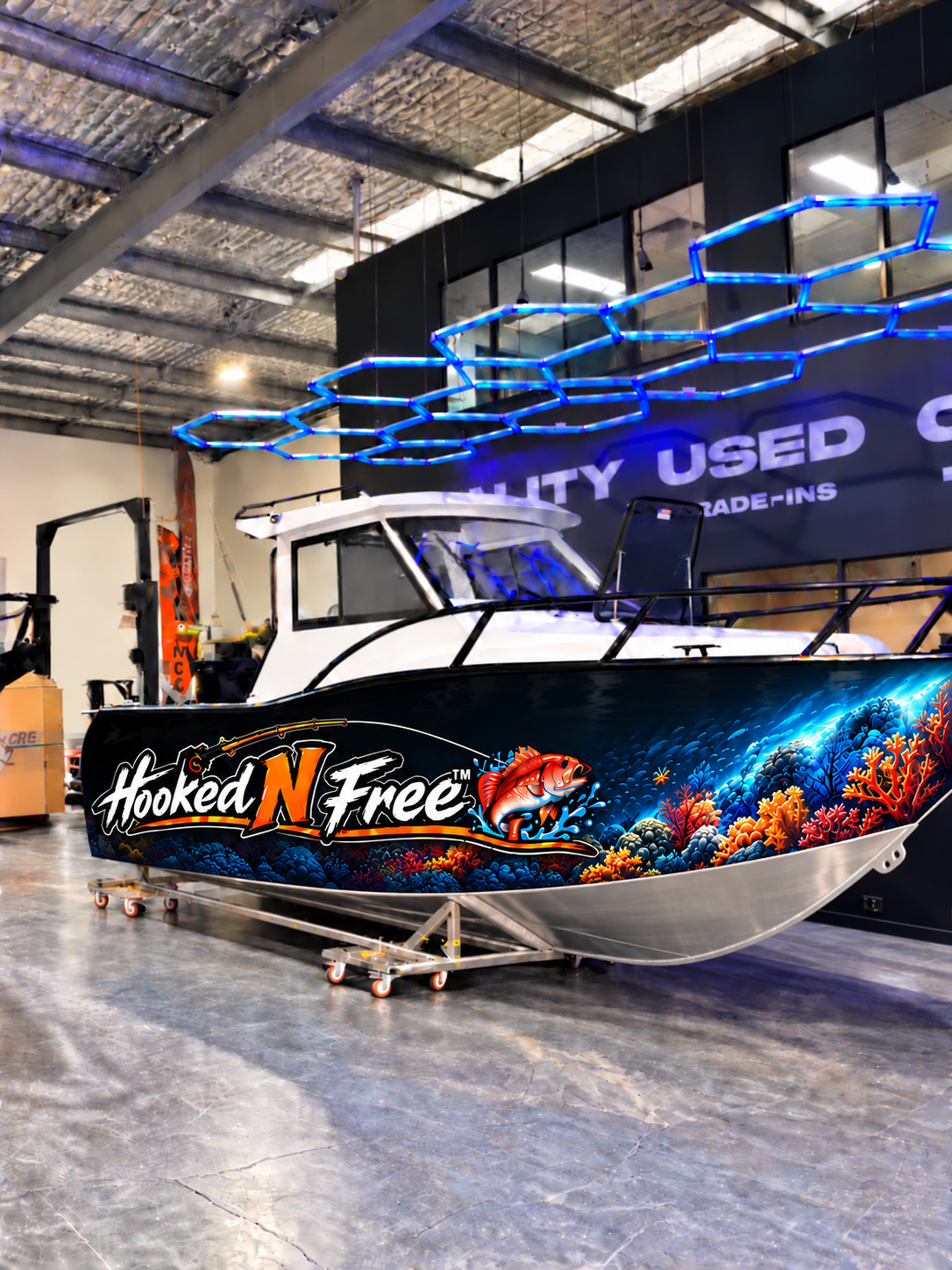 Hooked N Free boat wrap concept on the Pro Fisher hull