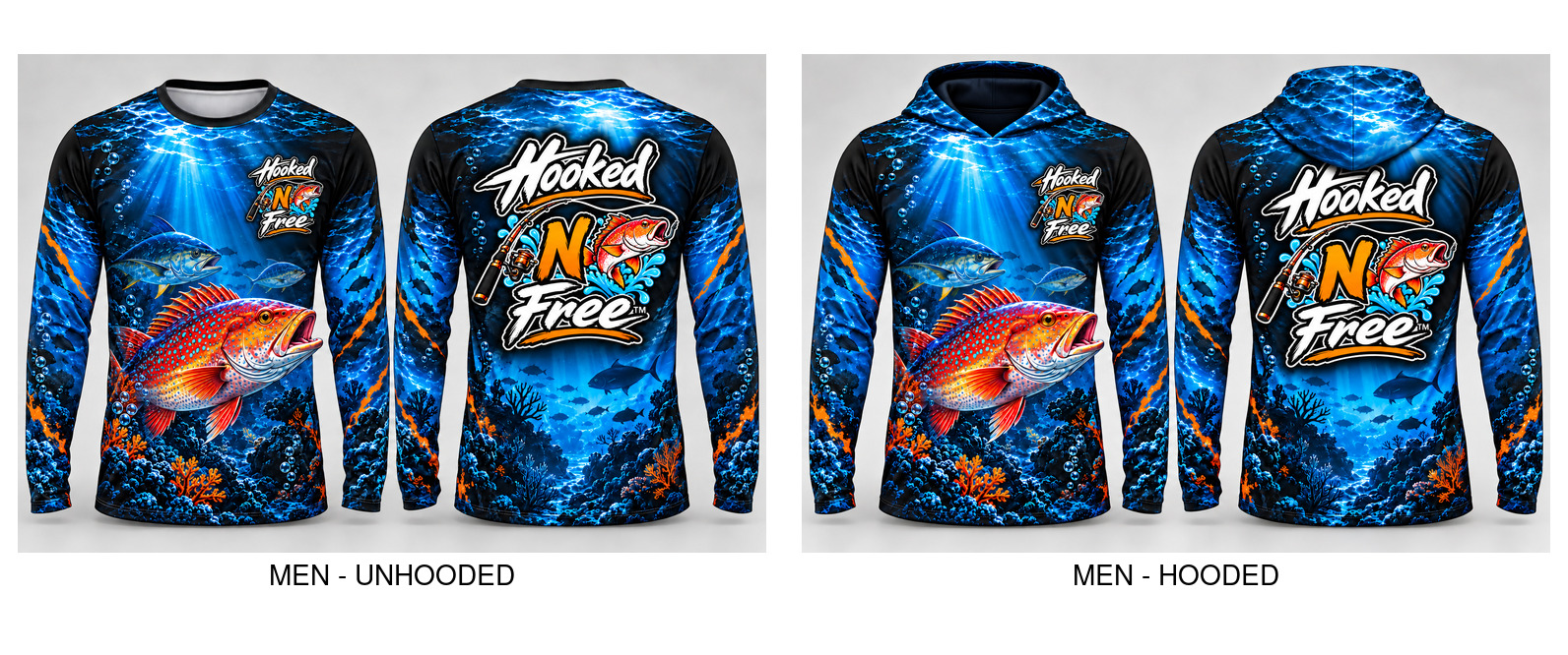 Hooked N Free men's hooded and unhooded fishing jersey concepts