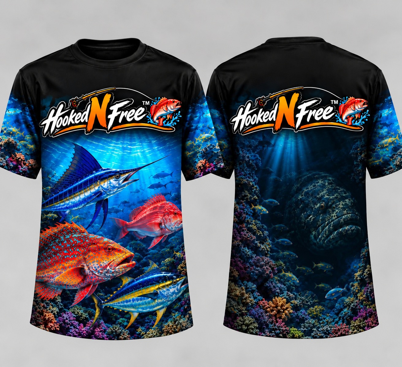 Front and back of the Hooked N Free adult unisex short-sleeve shirt, with black shoulders, colourful feature fish and reef artwork